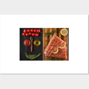 Raw salmon fillets on a wooden board Posters and Art